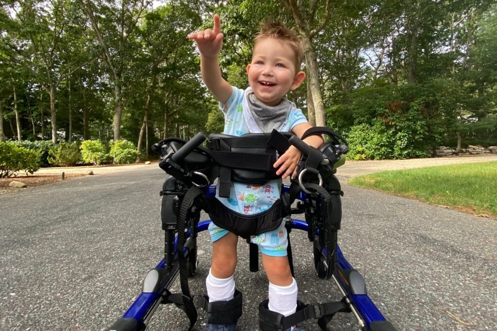 my son take his first independent steps in his gait-trainer