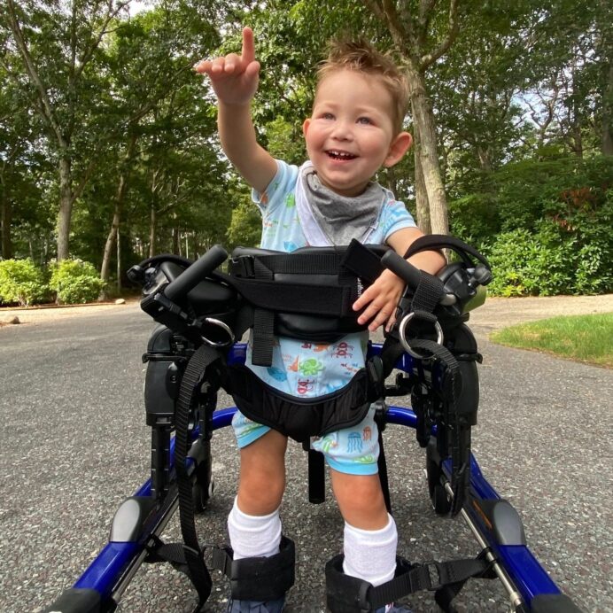 my son take his first independent steps in his gait-trainer